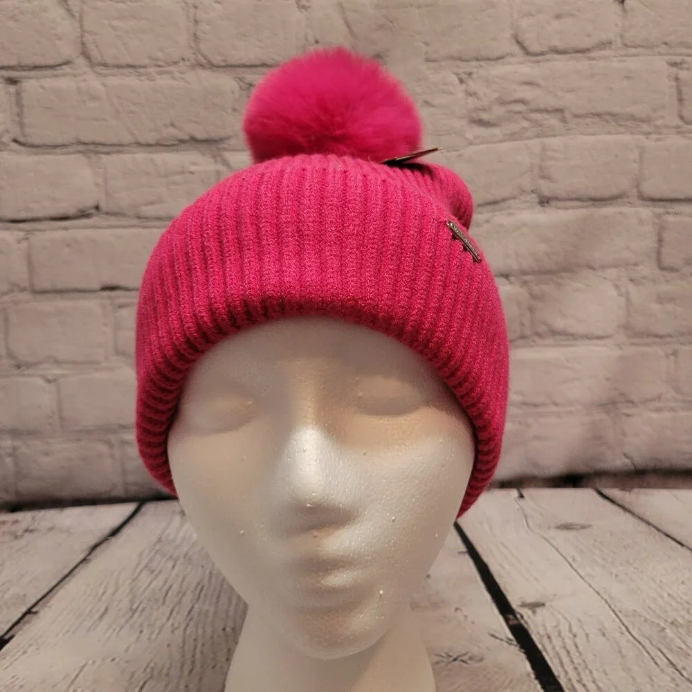 Steve Madden Women's Ribbed Furry Pom Pom Beanie- Pink